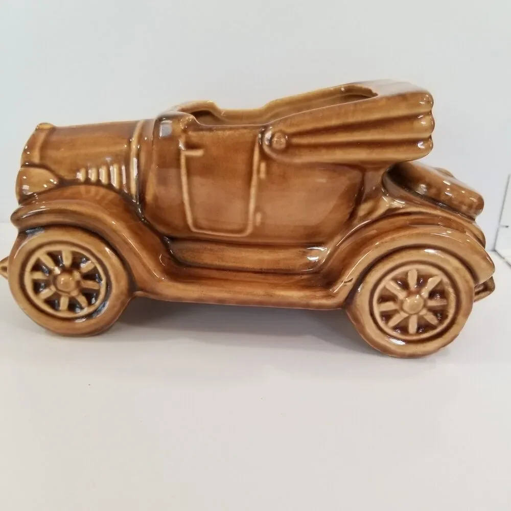 Vintage USA‑Marked Brown Ceramic Car Figurine Planter